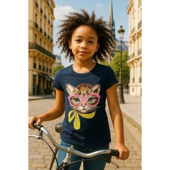 Kids Navy Blue Cat Graphic T-Shirt Size L/G 10-12 Pink Glasses Yellow Scarf - Picture 8 of 8